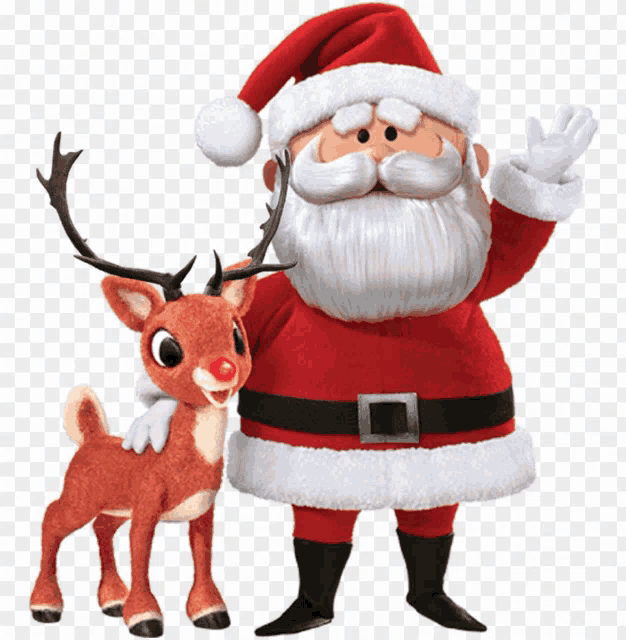 a santa claus standing next to a stuffed reindeer