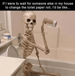 a skeleton is holding a toilet paper roll in a bathtub