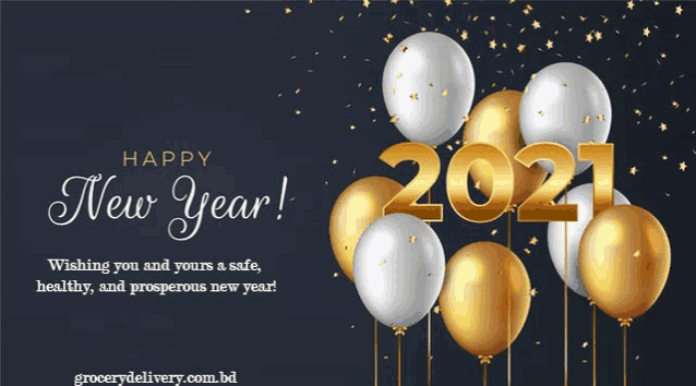 a happy new year greeting with balloons and confetti