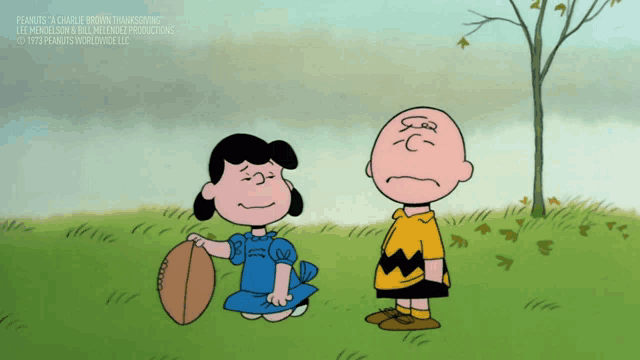 a cartoon of charlie brown and lucy brown from peanuts worldwide llc