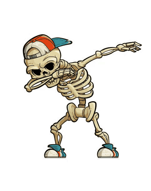 the skeleton is wearing a baseball cap and sneakers and is doing a dab .