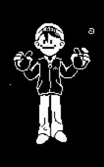 a black and white pixel art of a man wearing a hat and a hoodie giving a thumbs up .