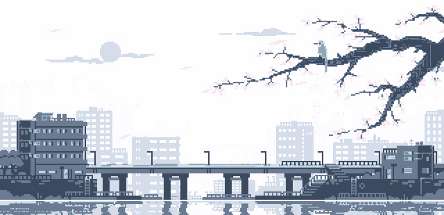 a pixel art drawing of a city with a train on the bridge