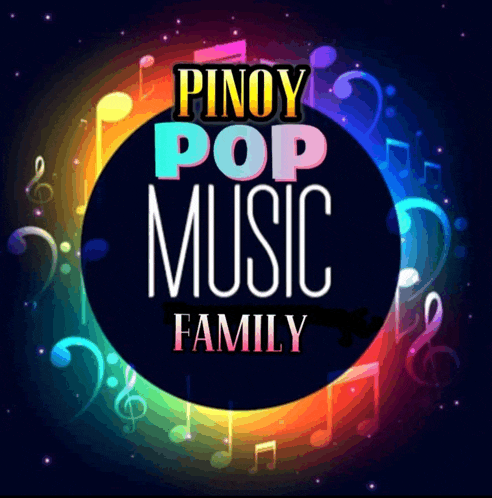 a logo for pinoy pop music family with colorful music notes in the background