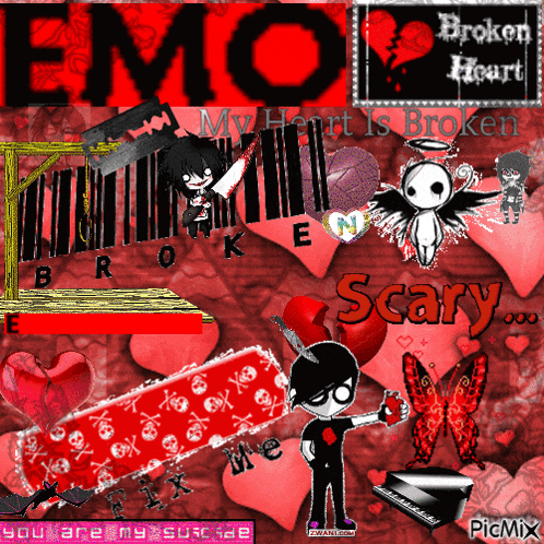 a collage of images with the words emo broken heart and scary