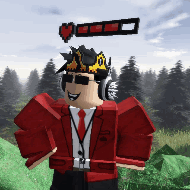 a roblox character wearing headphones and a crown with a heart above his head