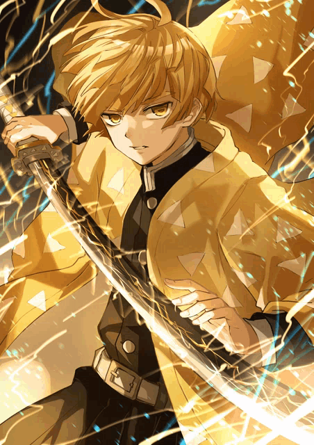 a yellow haired anime character with a sword