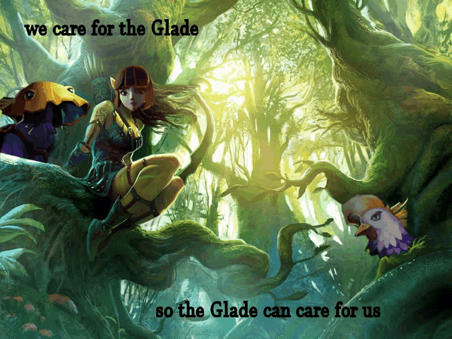 a painting of a woman sitting on a tree branch with the words we care for the glade so the glade can care for us