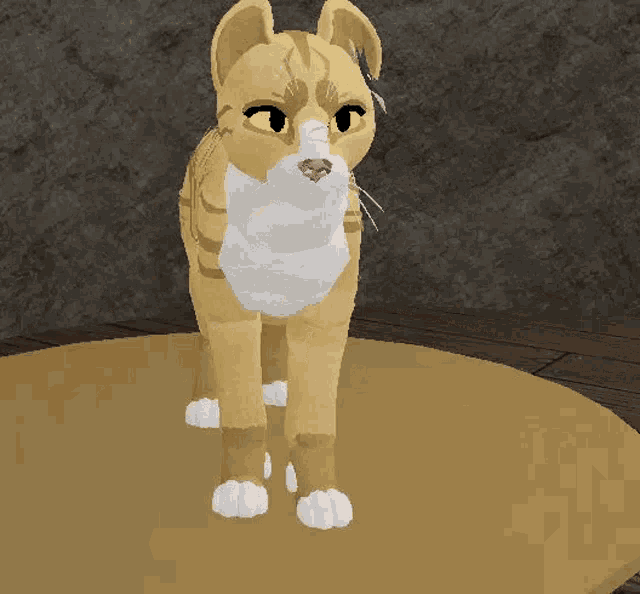 a 3d rendering of a cat standing on a brown rug .