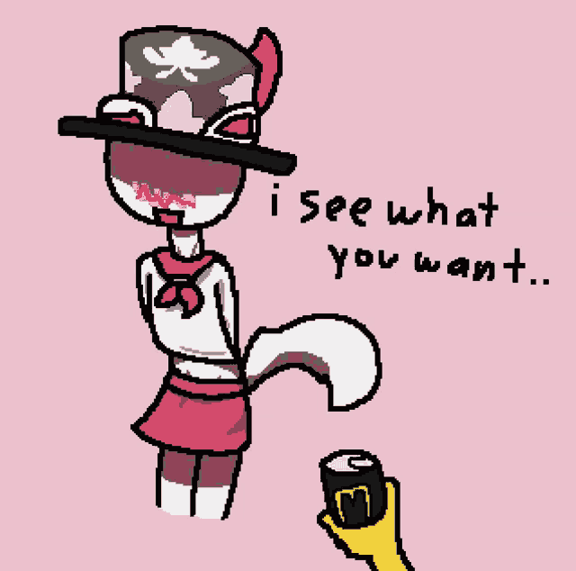 a drawing of a cat with a top hat and a can of monster energy drink says " i see what you want "