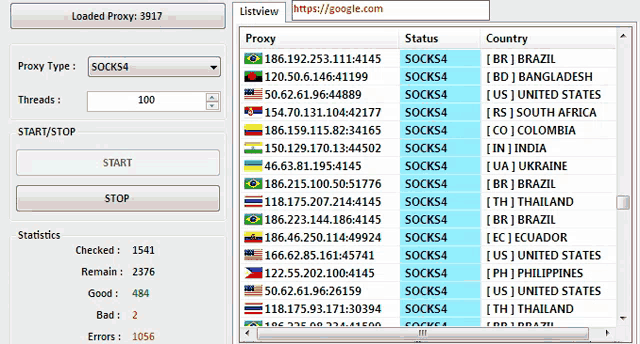 a computer screen shows a list of countries and their socks4 addresses