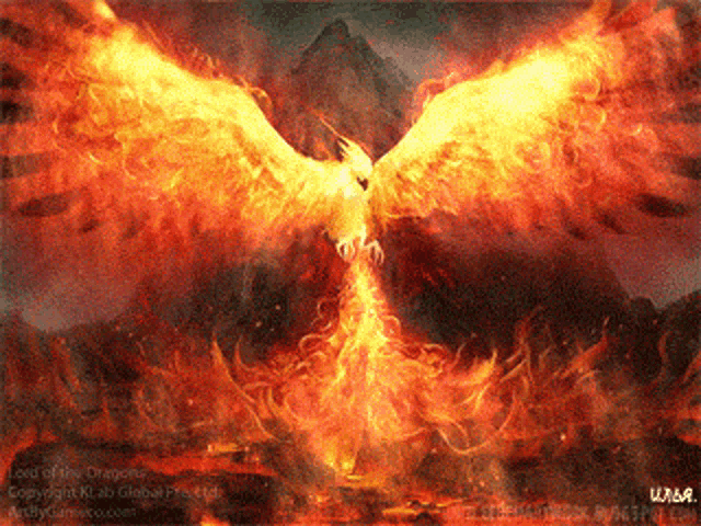 a painting of a phoenix with the words lord of fire dragons on the bottom right