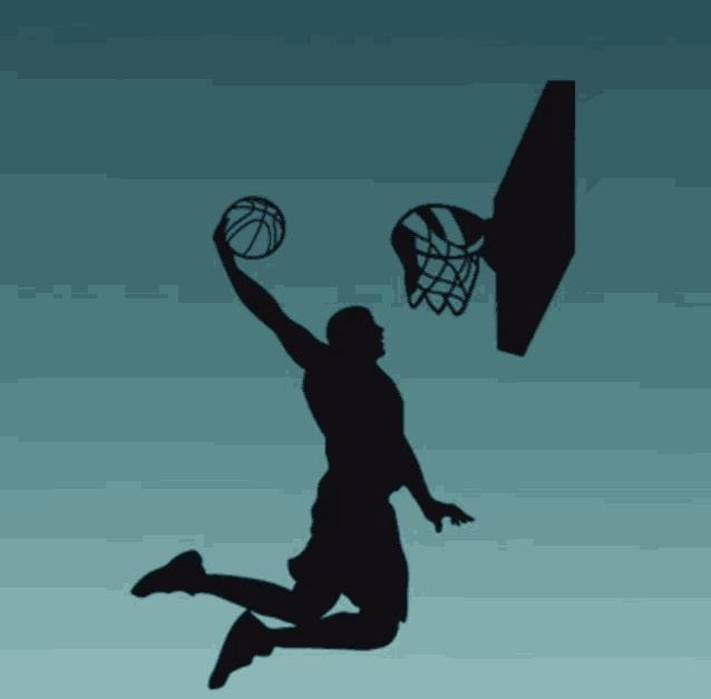 a silhouette of a basketball player jumping into the air