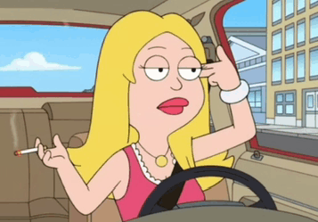 a cartoon woman is smoking a cigarette in a car
