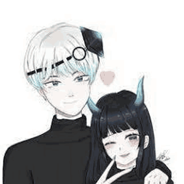 a boy and a girl with horns are standing next to each other on a white background .