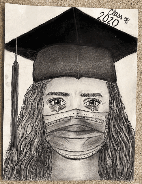 a drawing of a woman wearing a graduation cap and mask with the year 2020 written on it