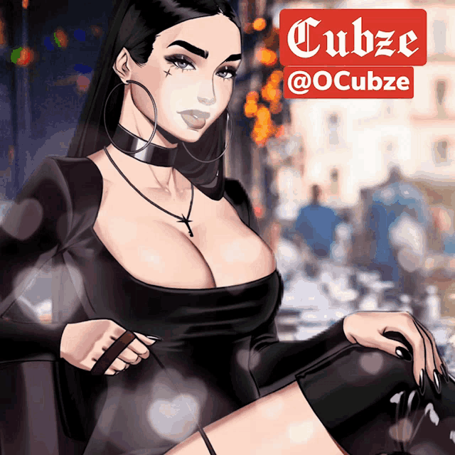 a cartoon drawing of a woman with a red sign that says cubze