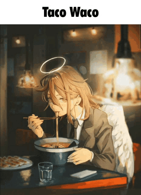 a girl with a halo on her head is eating ramen