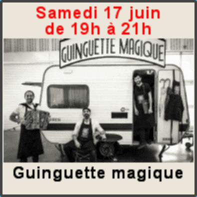 a poster for guinguette magique shows a group of people standing in front of a trailer