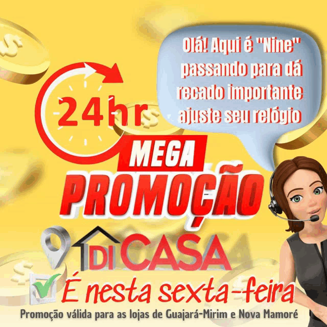 a cartoon woman with a headset on stands in front of a mega promocao sign