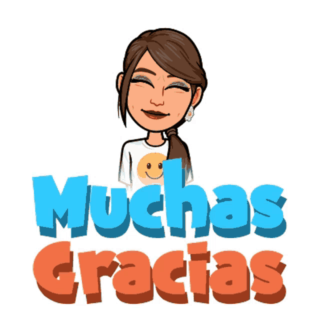 a cartoon of a woman with a ponytail and the words muchas gracias