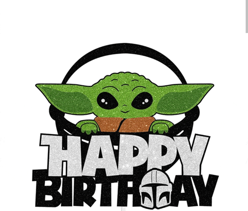 a baby yoda wearing headphones with the words happy birthday