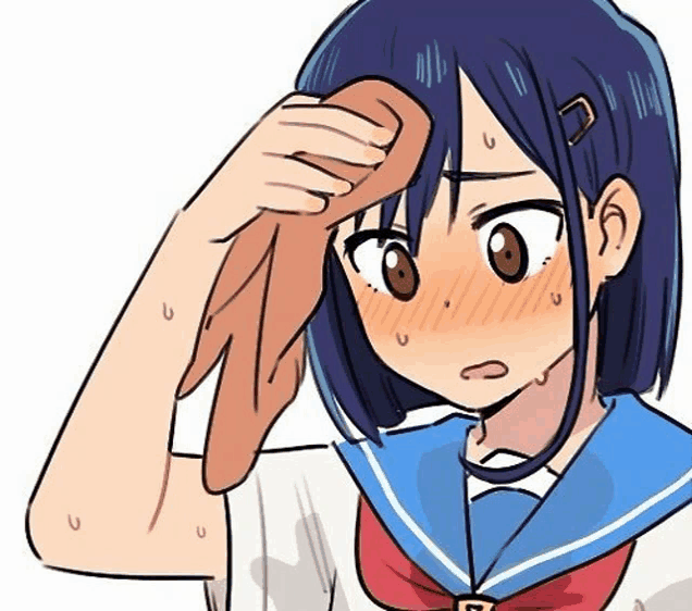 a cartoon girl is holding a towel to her forehead and sweating .