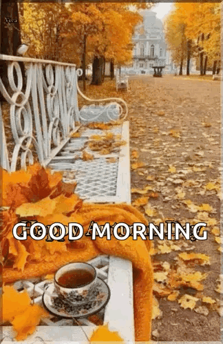 a cup of tea is sitting on a bench surrounded by leaves .
