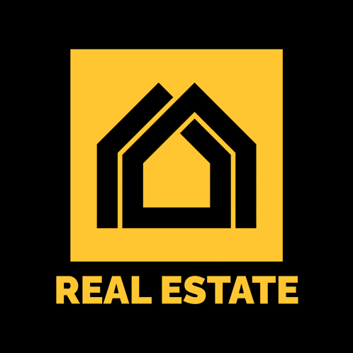 a yellow and black logo for real estate with a house in the center