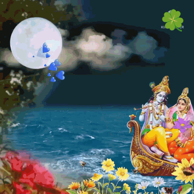 a painting of krishna and radha in a boat on the ocean