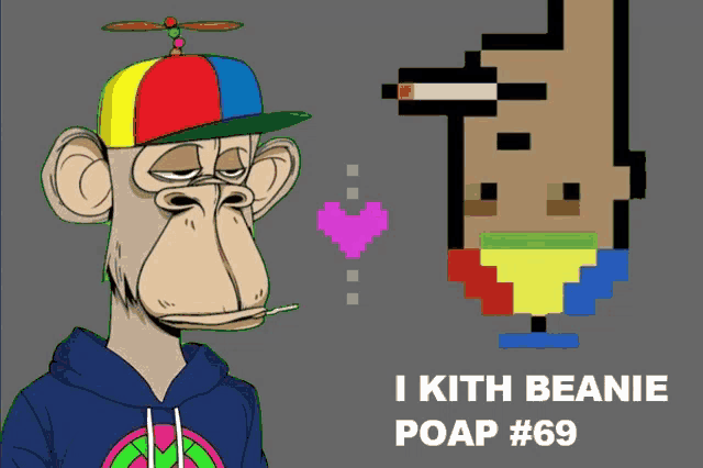 a cartoon of a monkey wearing a hat and a hoodie with the words i kith beanie poap # 69 below