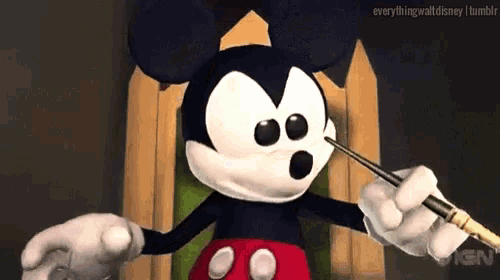 a cartoon of mickey mouse holding a brush with the words everything walt disney tumblr below him