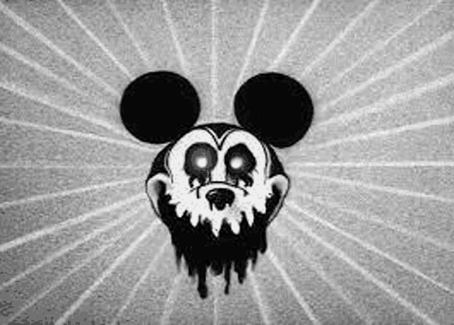 a black and white drawing of a mickey mouse with a skull on it .