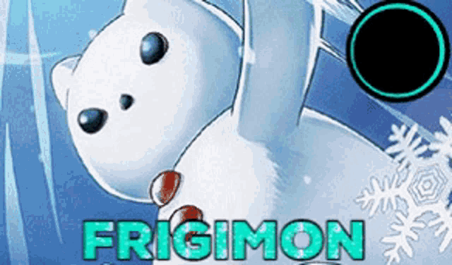 a cartoon of a snowman with frigimon written on it