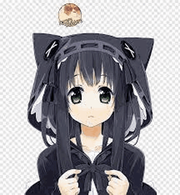 a girl with long black hair and green eyes is wearing a cat hood with ears .