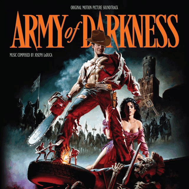 a poster for the movie army of darkness shows a man holding a chainsaw