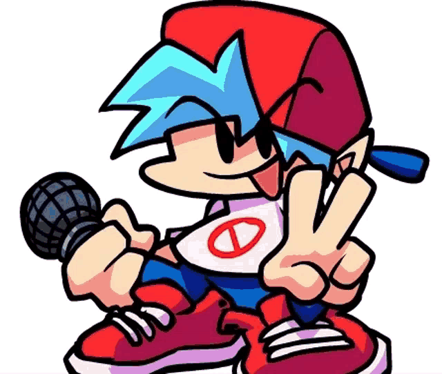 a cartoon of a boy holding a microphone and giving a peace sign .
