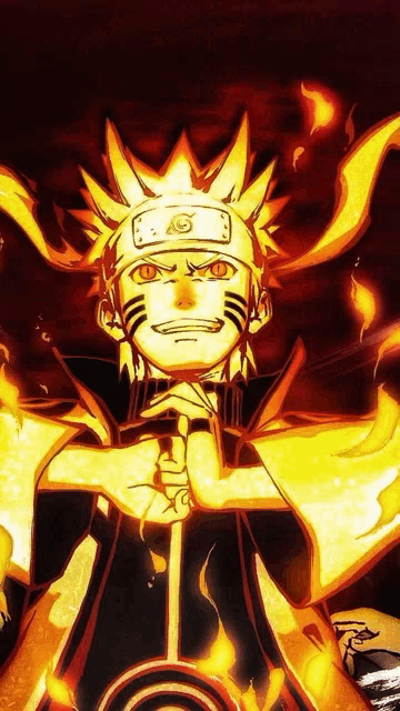 naruto is holding a sword in his hand and has a lot of fire coming out of his body .