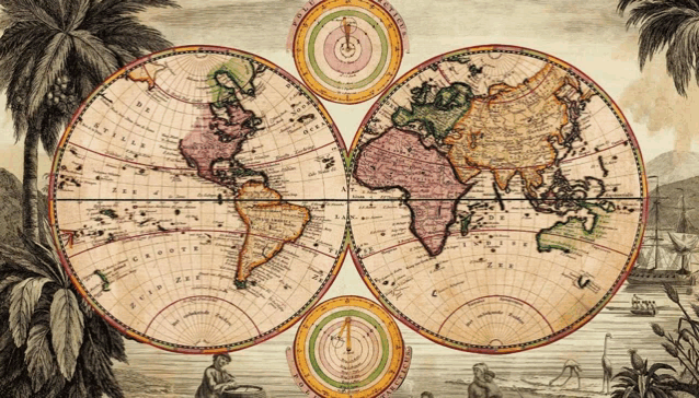 a very old map of the world shows the united states at the top