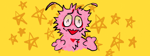 a cartoon drawing of a pink monster with stars in the background