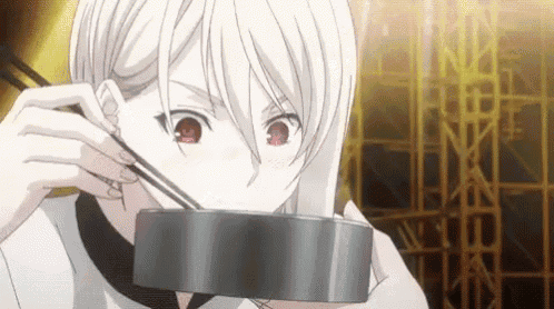 a white haired anime girl is eating food with chopsticks from a bowl .