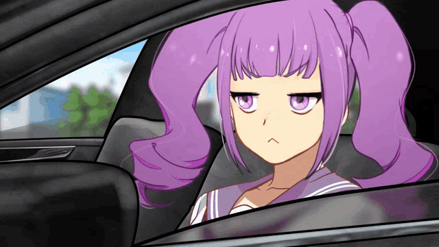 a girl with purple hair and pigtails is sitting in a car