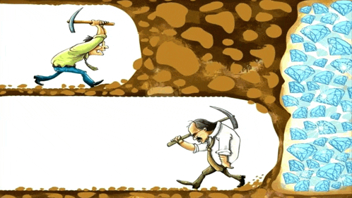 a cartoon of a man with a hammer and a man with a pickaxe going through a tunnel filled with diamonds