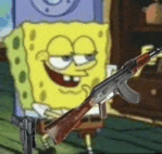 spongebob squarepants is holding a gun in his hand in a room .