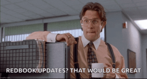 a man holding a cup of coffee with the words redbook updates that would be great on the bottom