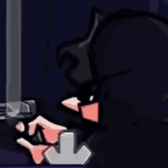 a cartoon character is holding a gun next to a white arrow pointing down .