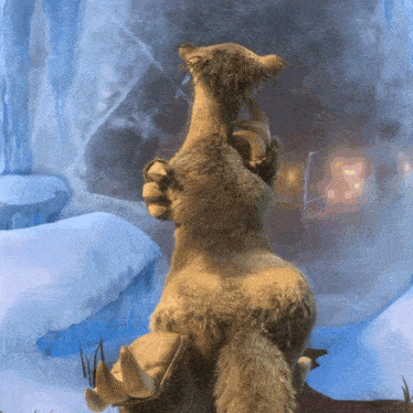 a cartoon squirrel is standing on its hind legs in front of an ice wall
