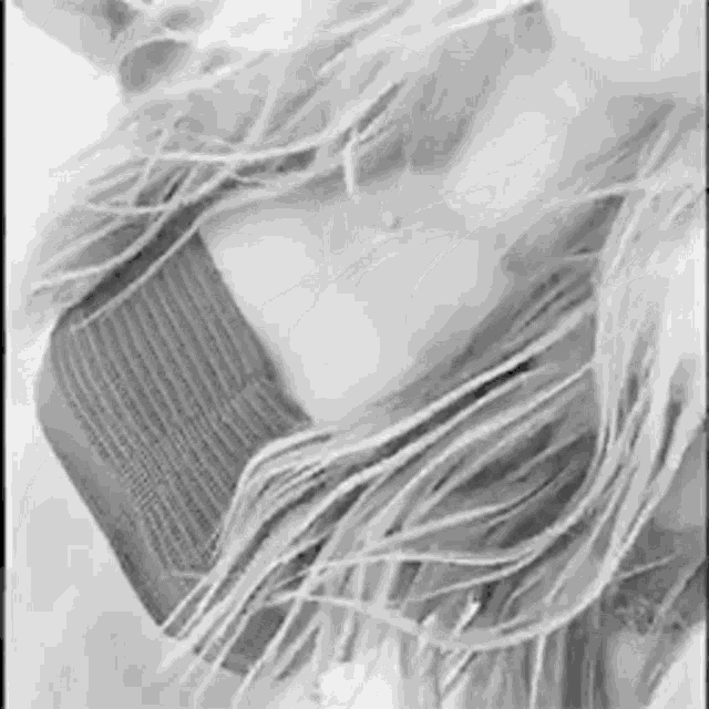 a black and white photo of a woman with long blonde hair and a sweater .