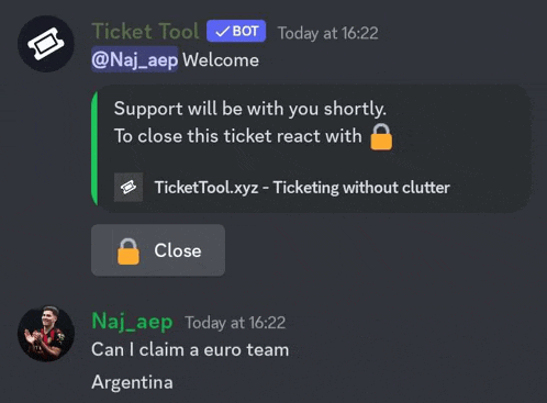 a screenshot of a discord conversation between naj aep and ticket tool