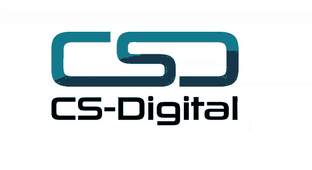 a logo for cs-digital shows a blue and black logo